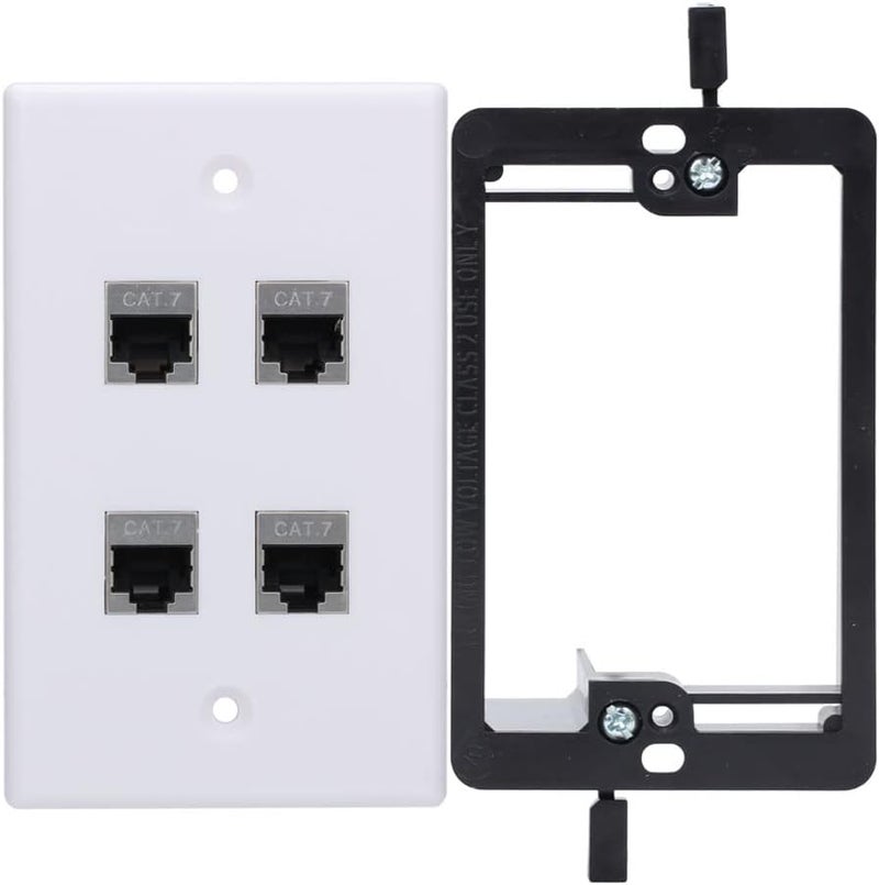 YOEMELY Cat7 Keystone Wall Plate 4 Port, 1 Gang RJ45 Wall Plate with Ca7 Coupler Female to Female and Wall Plate Bracket for Networking Cable Outlet (White, 1 Pack) - Image 1